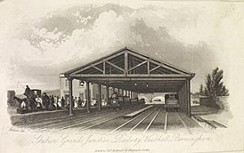 "Estación Vauxhall del ferrocarril Grand Junction en Birmingham".  Grabado de H. Harris, 1841