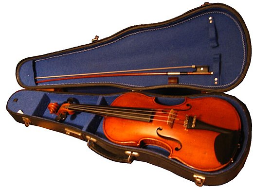 Viool met strijkstok in een koffer