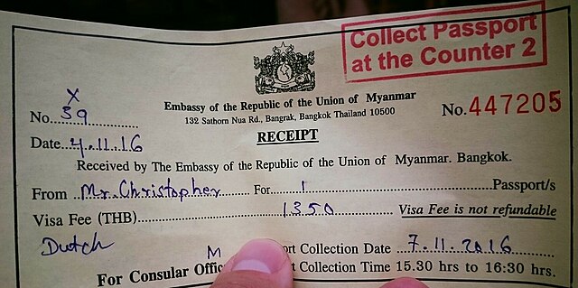 Passport receipt for visa application, Embassy of Myanmar, Bangkok