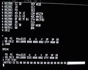 別の例。W65C816SというMPUの機械語を、機械語モニタで画面に表示した例。画面上部の左寄りが機械語（16進表示。これは2文字ごとに区切っている。）、右寄りがそれを逆アセンブルしたもの。プロセッサのレジスタとメモリダンプ（コアダンプ）が表示されている。