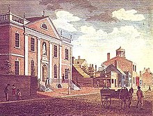 Library Hall (1790, demolished 1887) was reconstructed by the American Philosophical Society in 1959) WBirchLib1800.jpg