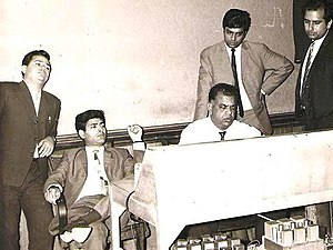 Masroor Anwar, Sohail Rana, Waheed Murad and Pervez Malik during the composition of song Ko Ko Korina, Karachi, 1965 Waheed Murad and Sohail Rana in 1965.jpg