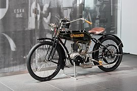 Wanderer motorcycle from 1914, left side, in the museum mobile of Audi Forum in Ingolstadt