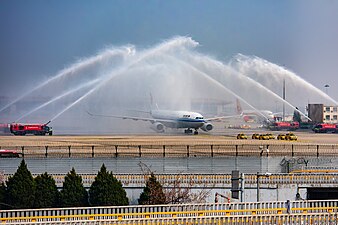 北京市援鄂醫療隊乘坐的CA042號包機抵達北京首都機場後，機場方面對這架醫療隊包機致以水門禮