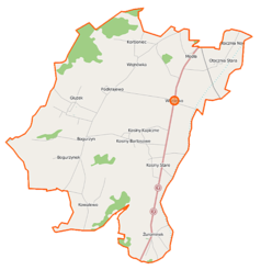 Mapa konturowa gminy Wiśniewo, blisko centrum na lewo znajduje się punkt z opisem „Bogurzyn”
