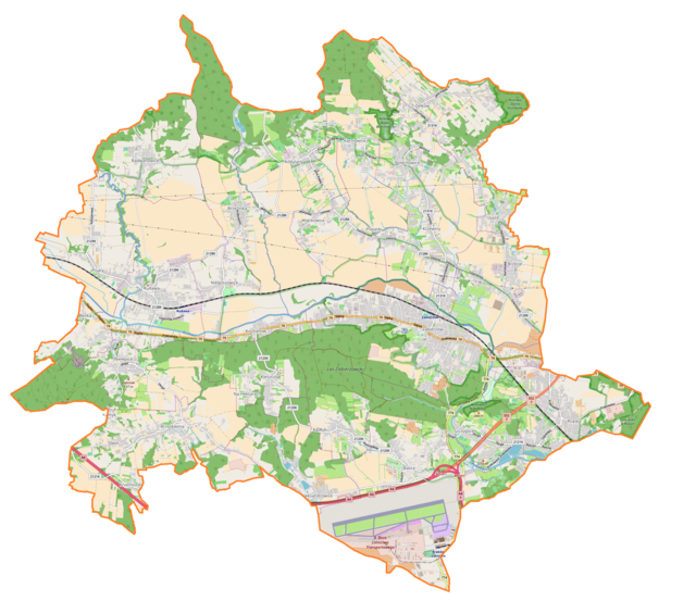 Mapa konturowa gminy Zabierzów, u góry znajduje się punkt z opisem „KościółŚwiętych Apostołów Piotra i Pawłaoraz Matki Bożej Różańcowej”