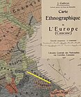 Кумыки (отмеченные маркером) на этнографической карте Европы под авторством Дж. Габриса, 1918-й год.