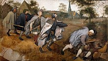 Pieter Bruegel's 1568 satirical painting The Blind Leading the Blind. Pritcha o slepykh.jpeg