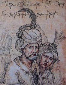 Dessin au crayon d'un homme barbu vêtu d'un turban, aux côtés d'une femme, sur fond d'une page avec un texte écrit à la main.