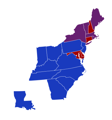 Senators' party membership by state at the opening of the 14th Congress in March 1815. Indiana's senators were not seated until December 11, 1816.
.mw-parser-output .legend{page-break-inside:avoid;break-inside:avoid-column}.mw-parser-output .legend-color{display:inline-block;min-width:1.25em;height:1.25em;line-height:1.25;margin:1px 0;text-align:center;border:1px solid black;background-color:transparent;color:black}.mw-parser-output .legend-text{}
2 Democratic-Republicans
1 Democratic-Republican and 1 Federalist
2 Federalists 14th United States Congress Senators.svg