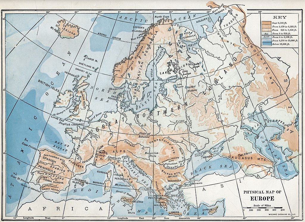 1916 physical map of Europe