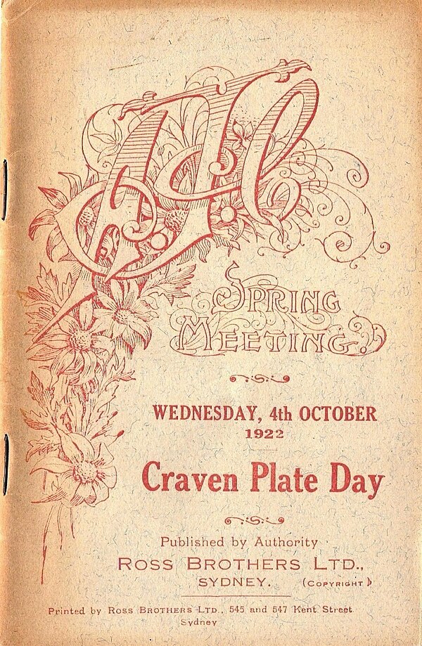 Front cover of the 1922 AJC Craven Plate racebook