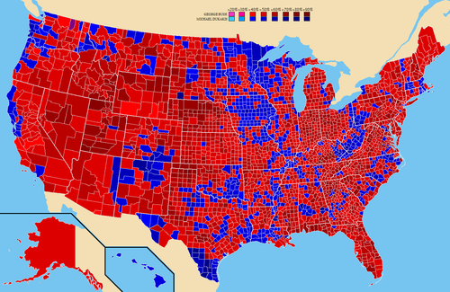 Election results by county.   George H.W. Bush   Michael Dukakis
