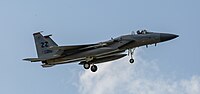 A US Air Force F-15C Eagle, tail number 83-0010, on final approach at Kadena Air Base in Okinawa, Japan. The aircraft is assigned to the 67th Fighter Squadron.