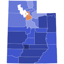 Popular vote share by county
Trump
50-60%
60-70%
70-80%
80-90%
>90%
Haley
50-60% 2024 Utah Republican Presidential Caucuses election by county.svg