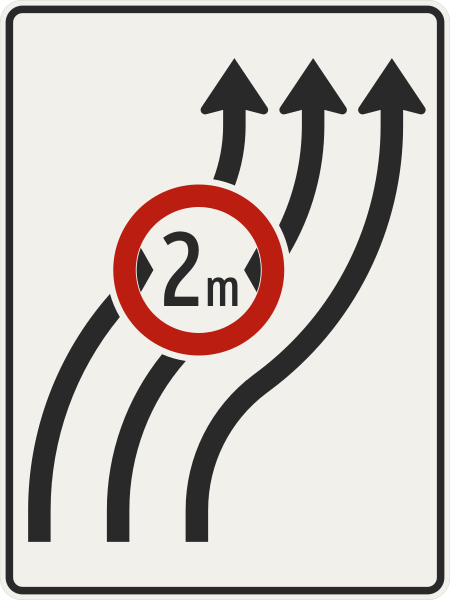 File:442-22 Presmerovanie jazdných pruhov (doprava, 3 pruhy, s vloženou regulačnou značkou).svg