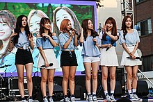 April in August 2018. L to R: Jinsol, Yena, Chaewon, Chaekyung, Rachel, Naeun