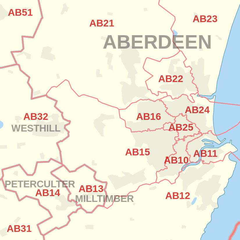 Detailed map of postcode districts and post towns in and around Aberdeen AB postcode area inset map.svg