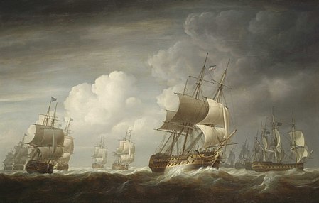 A fleet of East Indiamen at Sea, by Nicholas Pocock; it is believed to show the Indiamen Lord Hawkesbury, Worcester, Boddam, Fort William, Airly Castle, Lord Duncan, Ocean, Henry Addington, Carnatic, Hope, and Windham returning from China in 1802 A fleet of East Indiamen at sea.jpg