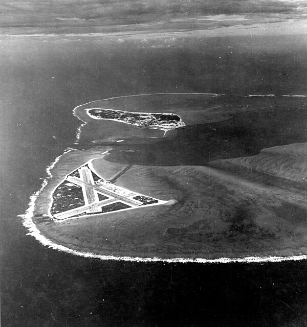 Midway Atoll, several months before the battle. Eastern Island (with the airfield) is in the foreground, and the larger Sand Island is in the backgrou