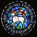 The seal of the Moravian Church, the Agnus Dei window with the Lamb of God carrying the vexillum