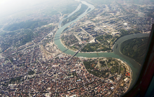 Luftbild mit Zusammenfluss von Save und Donau an der Festung von Belgrad