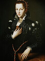 Portrait de Lucrèce de Médicis, par le Bronzino : le modèle présumé de My Last Duchess[98].