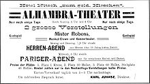 Advertisement for "Pariser-Abend" (Paris evening) and "Herren-Abend" (gentlemen's evening) with erotic movie screenings of the "wandering cinema", Alhambra-Theater, 1906. Alhambra-Theater KarlJuhasz 1906.jpg