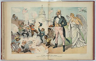 Celebrating ethnic pluralism on 4th of July. 1902 Puck editorial cartoon American 1902 Fourth of July fireworks.jpg