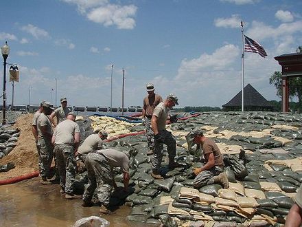 Soldiers of the Missouri Army National Guard sandbag the River in Clarksville, Missouri, June 2008, following flooding.