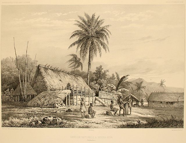 A lithograph from 1846 titled "Cases de naturels à Nouka-Hiva".