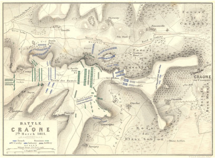 Colored print shows a map of the Battle of Craone on 7 March 1814.