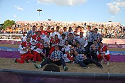 Deutsch: Beachhandball bei den Olympischen Jugendspielen 2018 in Buenos Aires; Tag 7, 13. Oktober 2018; Medaillenzeremonie Jungs - Gold: Spanien, Silber: Portugal, Bronze: Argentinien English: Beach handball at the 2018 Summer Youth Olympics in Buenos Aires at 13 October 2018 – Medal Ceremony Boys - Gold: Spain, Silver: Portugal, Bronze: Argentina Español: Handball de playa en los Juegos Olimpicos de la Juventud Buenos Aires 2018 en 13 de octubre de 2018 – Medalla Ceremonia para niños - Oro: España, Plata: Portugal, Bronce: Argentina