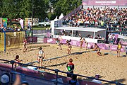 Deutsch: Beachhandball bei den Olympischen Jugendspielen 2018; Tag 3, 9. Oktober 2018; Jungs, Vorrunde, Gruppe B - Argentinien-Hongkong 2:0 English: Beach handball at the 2018 Summer Youth Olympics at 9 October 2018 – Girls Preliminary Round Group B – Argentina-Hing Kong 2:0