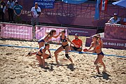 Deutsch: Beachhandball bei den Olympischen Jugendspielen 2018; Tag 3, 10. Oktober 2018; Mädchen, Vorrunde, Gruppe B - Niederlande-Argentinien 2:0 English: Beach handball at the 2018 Summer Youth Olympics at 10 October 2018 – Girls Preliminary Round Group B‎ – Netherlands-Argentina 2:0