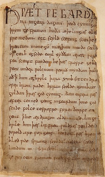 The first page of the poem Beowulf, written in Old English in the early medieval period (800–1100 AD). Although Old English is the direct ancestor of modern English, it is unintelligible to contemporary English speakers.