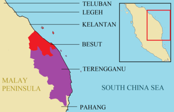 Part of the northeast of Malay Peninsula in 1890, with the location of the Besut in Red, Terengganu in Purple and other neighbouring coastal Malay kingdoms in light brown.