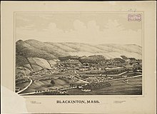 Lithograph of Blackinton from 1889 by L.R. Burleigh with list of landmarks