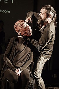 Bob Basset presenting his mask at the art-performance "Behind the Mask", Gogolfest, 2015