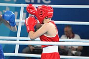 Deutsch: Boxen bei den Olympischen Jugendspielen 2018 Tag 12, 18. Oktober 2018 - Kampf um die Bronzemedaille im Fliegengewicht Mädchen – Heaven Destiny Garcia (USA, blau) schlägt Goryanana Stoeva (Bulgarien, rot) 5-0; Ringrichter ist Ishanguly Meretnyyazov (Turkmenistan). English: Boxing at the 2018 Summer Youth Olympics on 18 October 2018 – Girl's flyweight Bronze Medal Bout - Heaven Destiny Garcia (USA, blue) beats Goryanana Stoeva (Bulgaria, red) 5-0; Referee is Ishanguly Meretnyyazov (Turkmenistan). Español: Boxeo en los Juegos Olímpicos Juveniles de Verano de 2018 en 18 de octubre de 2018 - Combate a medalla de bronce de peso mosca para mujeres: Heaven Destiny Garcia (Estados Unidos, azul) le gana a Goryanana Stoeva (Bulgaria, roja) 5-0; El árbitro es Ishanguly Meretnyyazov (Turkmenistán).