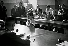 Boy in front of the tribunal of the Juvenile Court, Albergo dei Poveri reformatory, Naples 1948.jpg