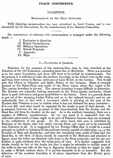 January 1919 Foreign Office memorandum setting out the borders of Palestine for the Eastern Committee of the British War Cabinet before the Paris Peac