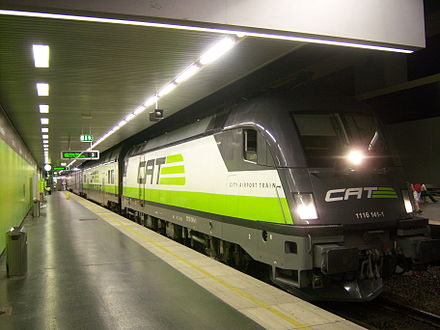 The City Airport Train at its platform underneath the airport