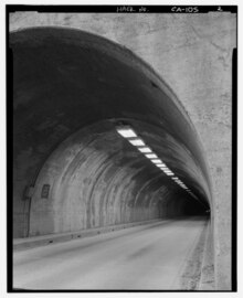 Wawona Tunnel. CONSTRUCTION DETAIL WEST PORTAL SOUTHWEST CORNER. NOTE AIR RAID SHELTER SIGN. - Wawona Tunnel, Wawona Road through Turtleback Dome, Yosemite Village, Mariposa County, CA HAER CAL,22-YOSEM,26-2.tif