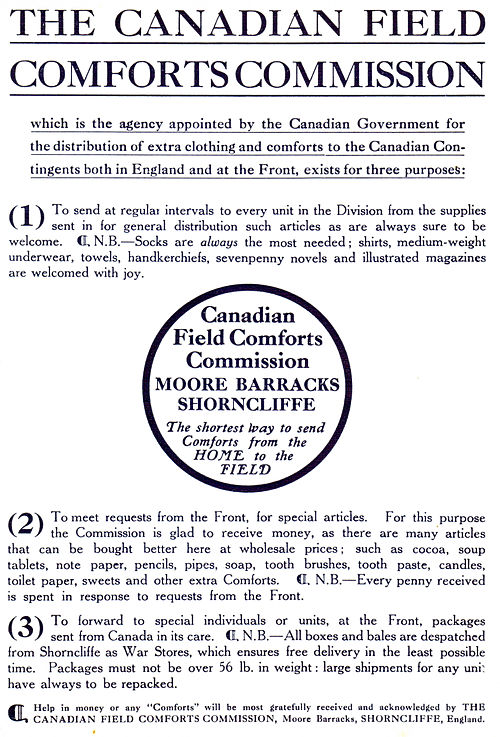 Canadian field comforts commission insert found in "With the First Canadian Contingent", Canadian Government publication from 1915.