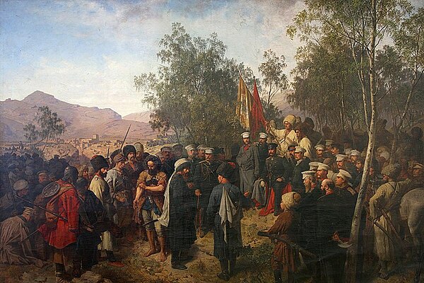 Captured Imam Shamil before the commander-in-chief Prince Bariatinsky on 25 August 1859; painting by Theodor Horschelt