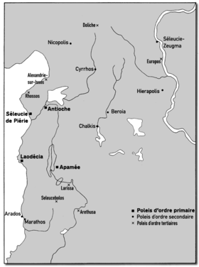 Um mapa da rede urbana na Síria com os tetrápolis