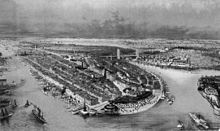 Aerial view illustration of Manhattan, showing Castle Garden at its tip, c. 1880 Castle Garden aerial view ca1880.jpg