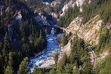 Aerial view of Cheakamus River and its canyon in 2009 Cheakamus Canyon with view of rail that goes over Cheakamus River.jpg