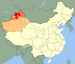 新疆ウイグル自治区の中のタルバガタイ地区の位置